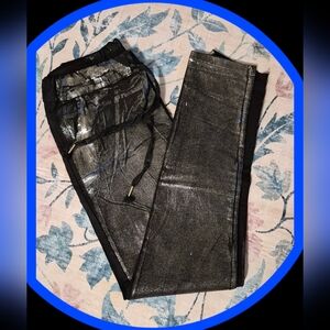 Made In Italy Black/Silver Metallic Foil Coated Drawstring Joggers  NWOT